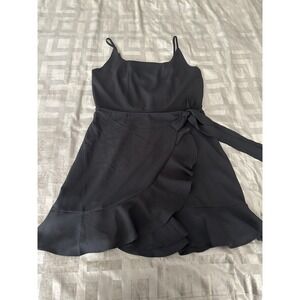 Black Wrap Dress Womens Large Ruffle Hem Spaghetti Strap Tie Waist Midi Party